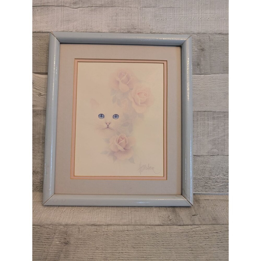 Framed Cat & Roses Print By Harrison With Light Blue Frame 11" X 9" Pastel Tones